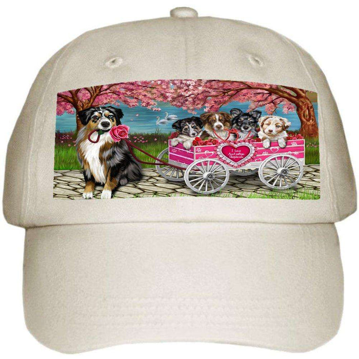 I Love Australian Shepherd Dogs in a Cart Ball Hat Cap Off White