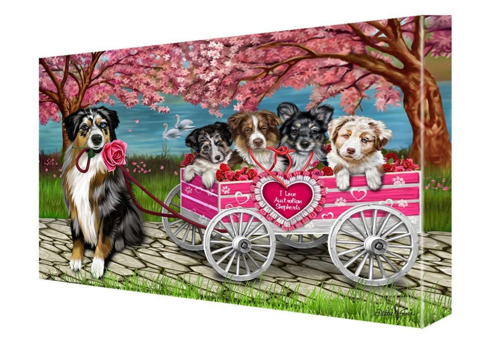 I Love Australian Shepherd Dogs in a Cart Canvas Wall Art Signed