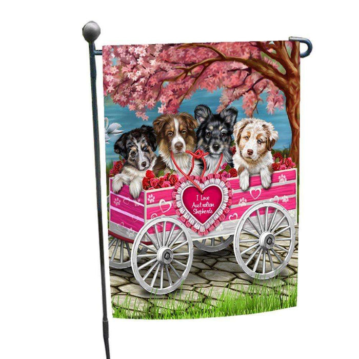 I Love Australian Shepherd Dogs in a Cart Garden Flag