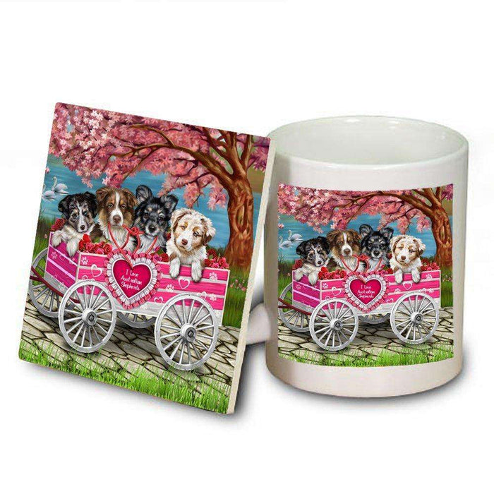 I Love Australian Shepherd Dogs in a Cart Mug and Coaster Set