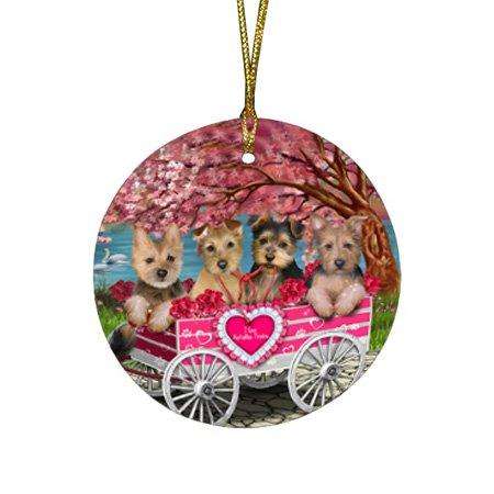 I Love Australian Terriers Dog in a Cart Round Christmas Ornament RFPOR48129