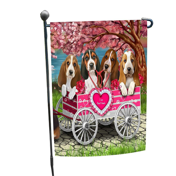 I Love Basset Hound Dogs in a Cart Garden Flag