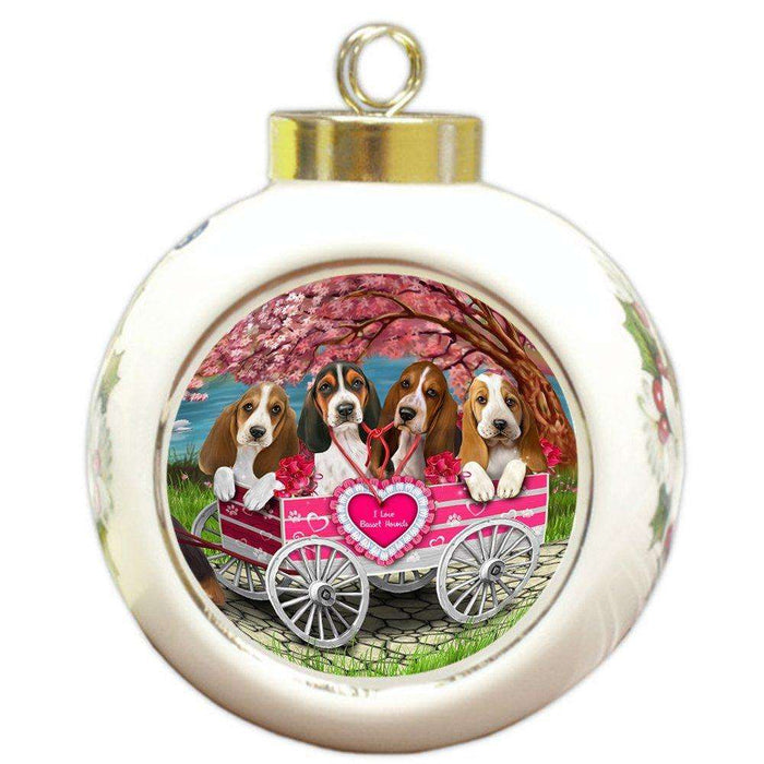 I Love Basset Hounds Dog in a Cart Round Ball Christmas Ornament RBPOR48554