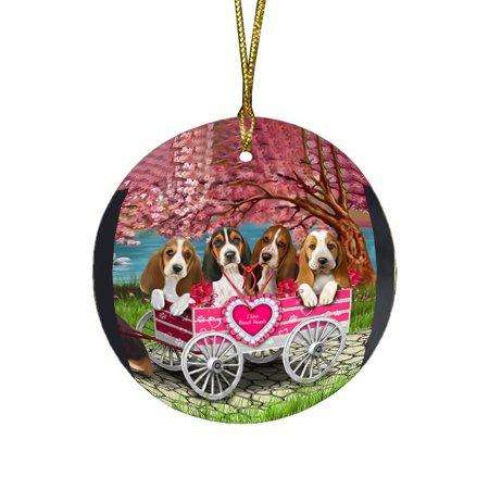 I Love Basset Hounds Dog in a Cart Round Christmas Ornament RFPOR48558