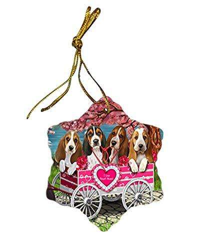 I Love Basset Hounds Dog in a Cart Star Porcelain Ornament SPOR48501