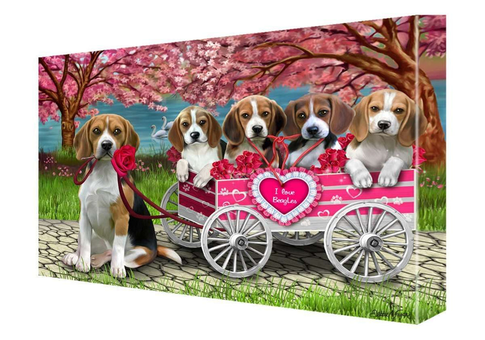 I Love Beagle Dogs in a Cart Canvas Wall Art Signed