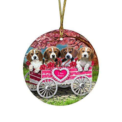 I Love Beagle Dogs in a Cart Round Christmas Ornament