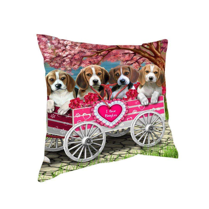 I Love Beagle Dogs in a Cart Throw Pillow
