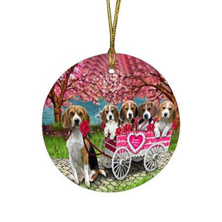 I Love Beagles Dog in a Cart Round Flat Christmas Ornament RFPOR51689