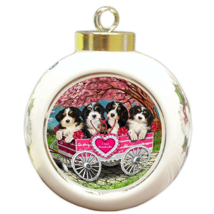 I Love Bernedoodles Dog in a Cart Round Ball Christmas Ornament RBPOR48555