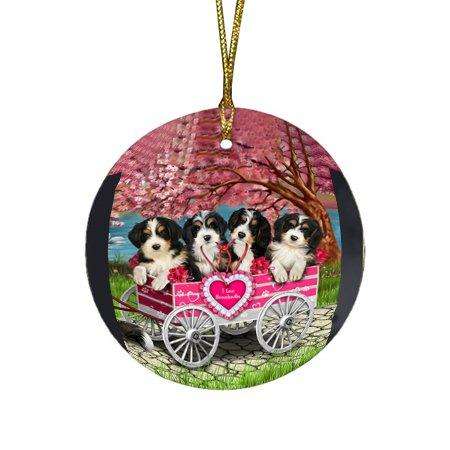I Love Bernedoodles Dog in a Cart Round Christmas Ornament RFPOR48559