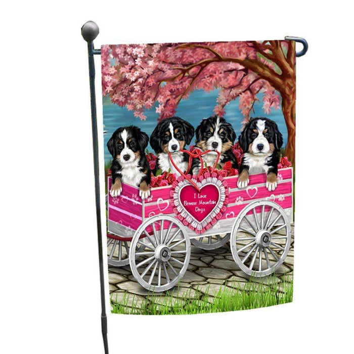 I Love Bernese Mountain Dogs in a Cart Garden Flag