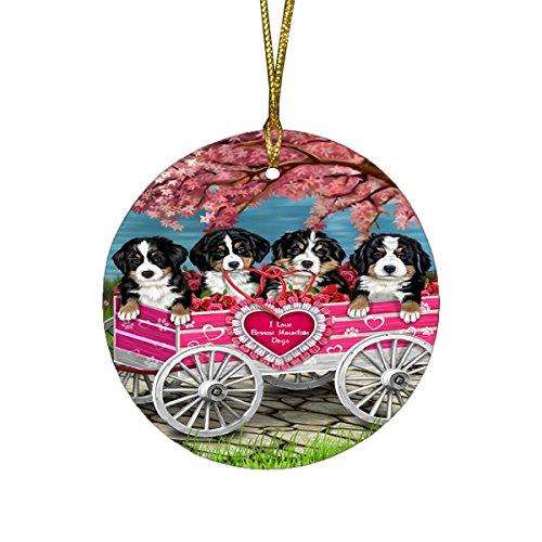I Love Bernese Mountain Dogs in a Cart Round Christmas Ornament
