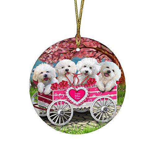 I Love Bichon Frise Dogs in a Cart Round Christmas Ornament