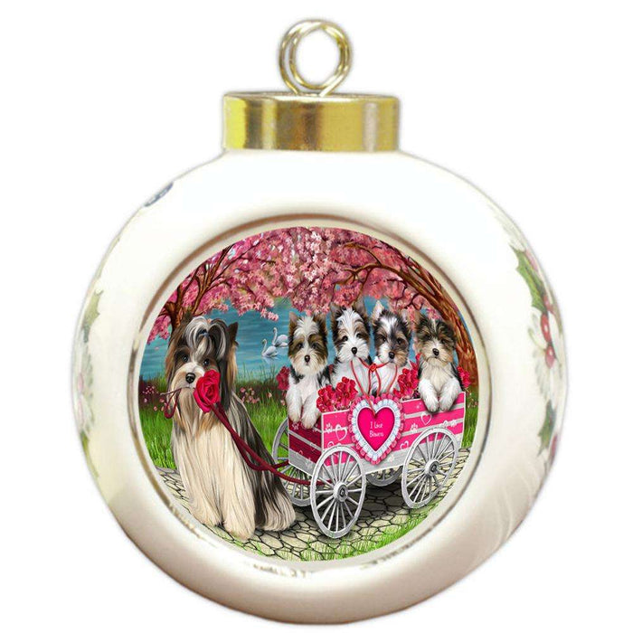 I Love Biewer Terriers Dog in a Cart Round Ball Christmas Ornament RBPOR51699