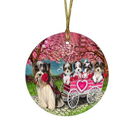 I Love Biewer Terriers Dog in a Cart Round Flat Christmas Ornament RFPOR51690