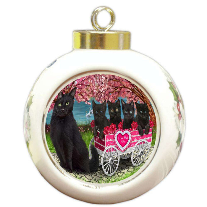 I Love Black Cats in a Cart Round Ball Christmas Ornament RBPOR51700