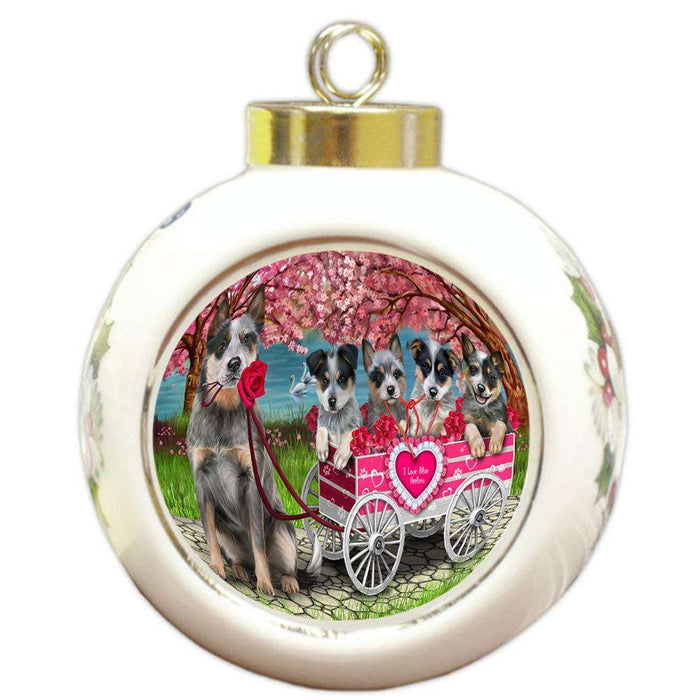 I Love Blue Heelers Dog in a Cart Round Ball Christmas Ornament RBPOR51701