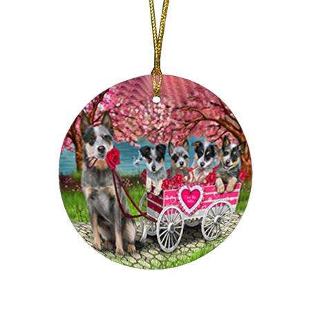 I Love Blue Heelers Dog in a Cart Round Flat Christmas Ornament RFPOR51692