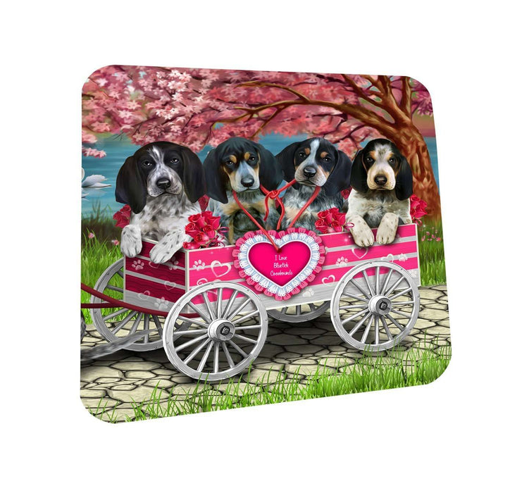 I Love Bluetick Coonhound Dogs in a Cart Coasters Set of 4