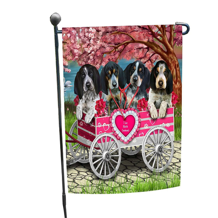 I Love Bluetick Coonhound Dogs in a Cart Garden Flag