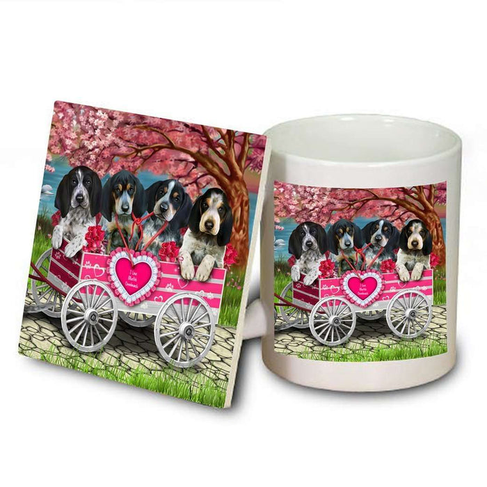 I Love Bluetick Coonhound Dogs in a Cart Mug and Coaster Set