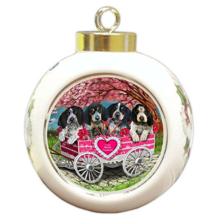 I Love Bluetick Coonhounds Dog in a Cart Round Ball Christmas Ornament RBPOR48556