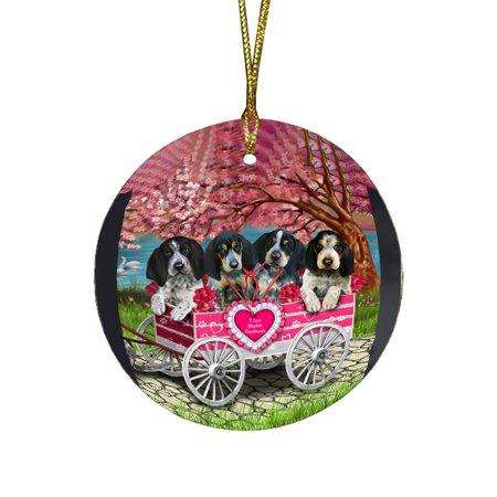 I Love Bluetick Coonhounds Dog in a Cart Round Christmas Ornament RFPOR48560