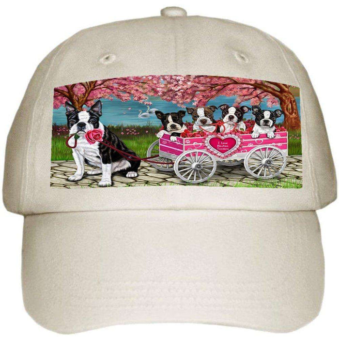 I Love Boston Terrier Dogs in a Cart Ball Hat Cap Off White (White)