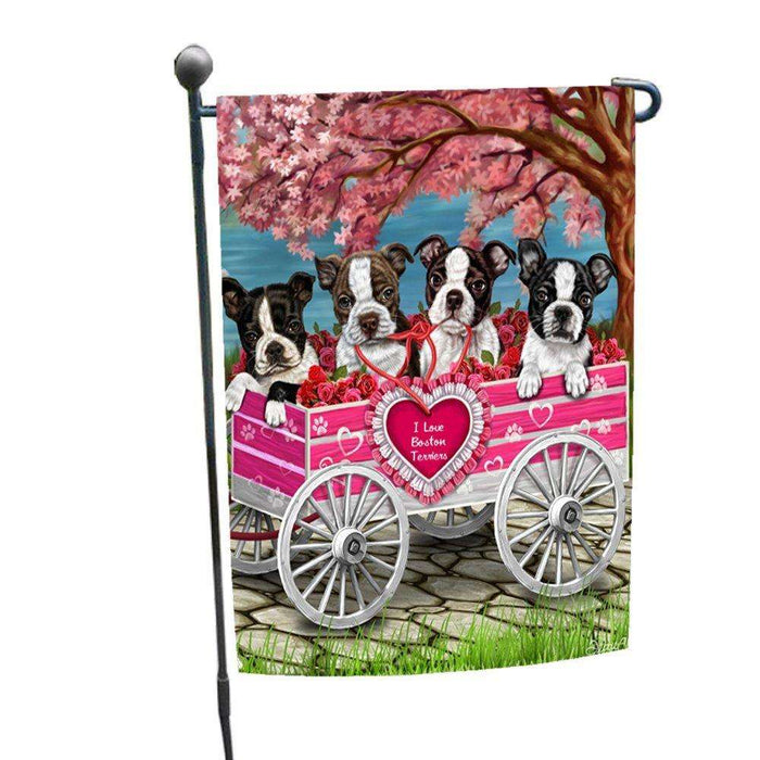 I Love Boston Terrier Dogs in a Cart Garden Flag