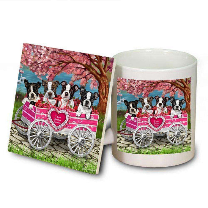 I Love Boston Terrier Dogs in a Cart Mug and Coaster Set