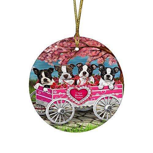 I Love Boston Terrier Dogs in a Cart Round Christmas Ornament