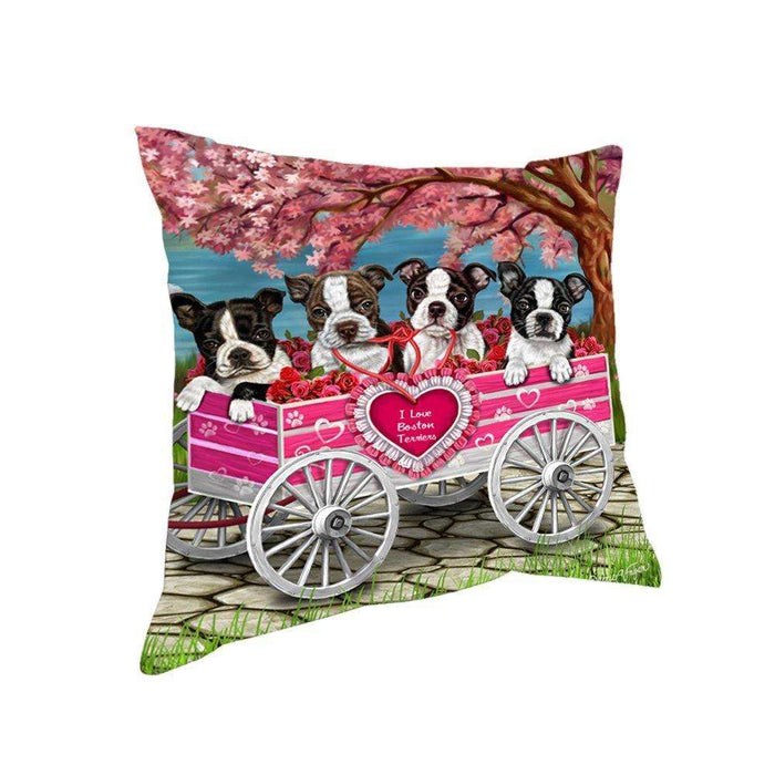 I Love Boston Terrier Dogs in a Cart Throw Pillow