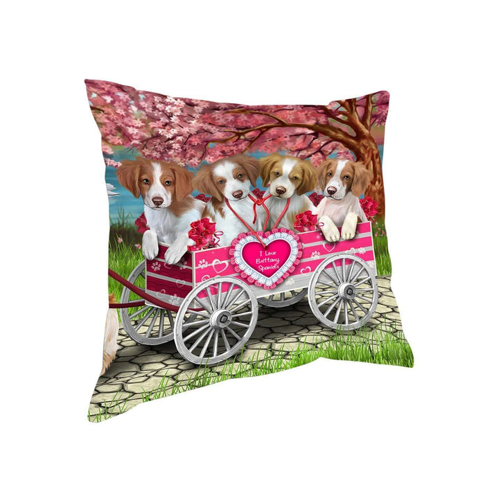 I Love Brittany Spaniel Dogs in a Cart Throw Pillow D067