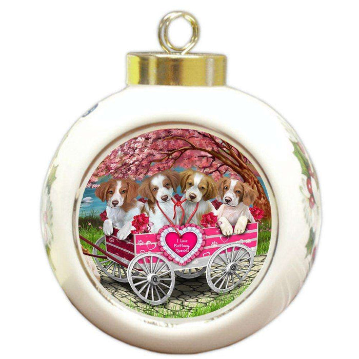 I Love brittany spaniels Dog in a Cart Round Ball Christmas Ornament RBPOR48557