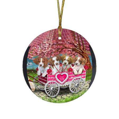 I Love brittany spaniels Dog in a Cart Round Christmas Ornament RFPOR48561