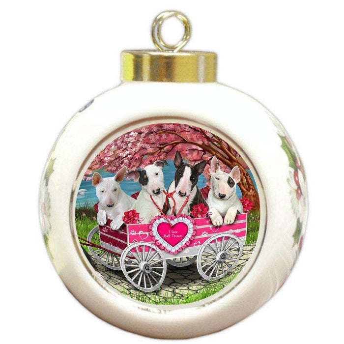 I Love Bull Terriers Dog in a Cart Round Ball Christmas Ornament RBPOR48558