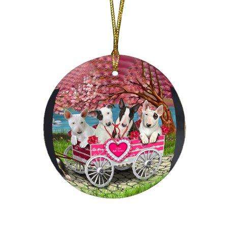 I Love Bull Terriers Dog in a Cart Round Christmas Ornament RFPOR48562