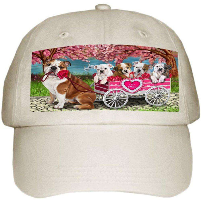 I Love Bulldog Dogs in a Cart Ball Hat Cap Off White