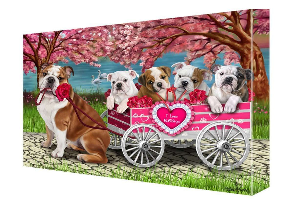 I Love Bulldog Dogs in a Cart Canvas Wall Art Signed