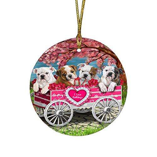 I Love Bulldog Dogs in a Cart Round Christmas Ornament