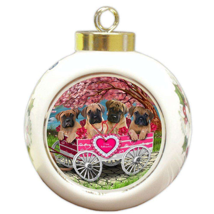 I Love bullmastiffs Dog in a Cart Round Ball Christmas Ornament RBPOR48559