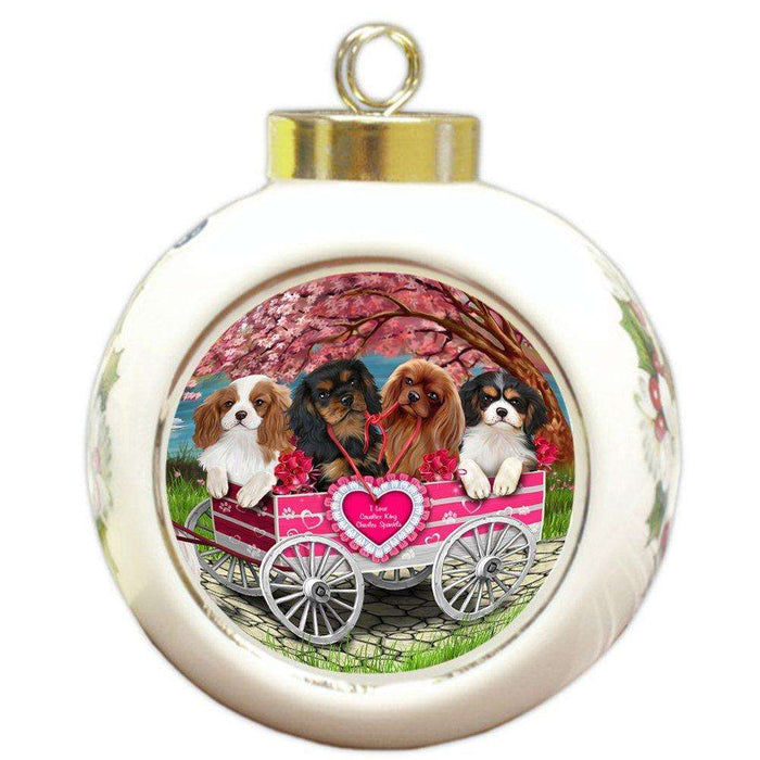 I Love Cavalier King Charles Spaniels Dog in a Cart Round Ball Christmas Ornament RBPOR48561