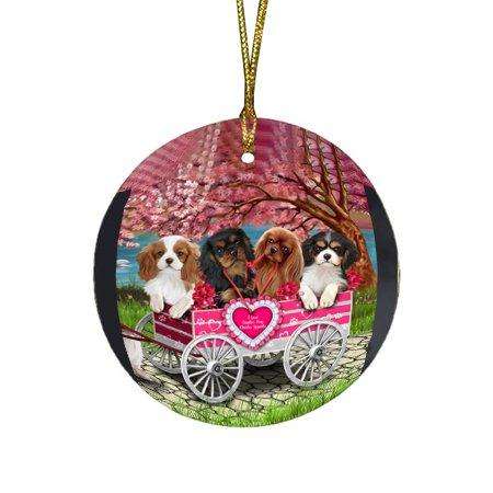 I Love Cavalier King Charles Spaniels Dog in a Cart Round Christmas Ornament RFPOR48565