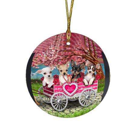 I Love Chihuahuas Dog in a Cart Round Christmas Ornament RFPOR48566