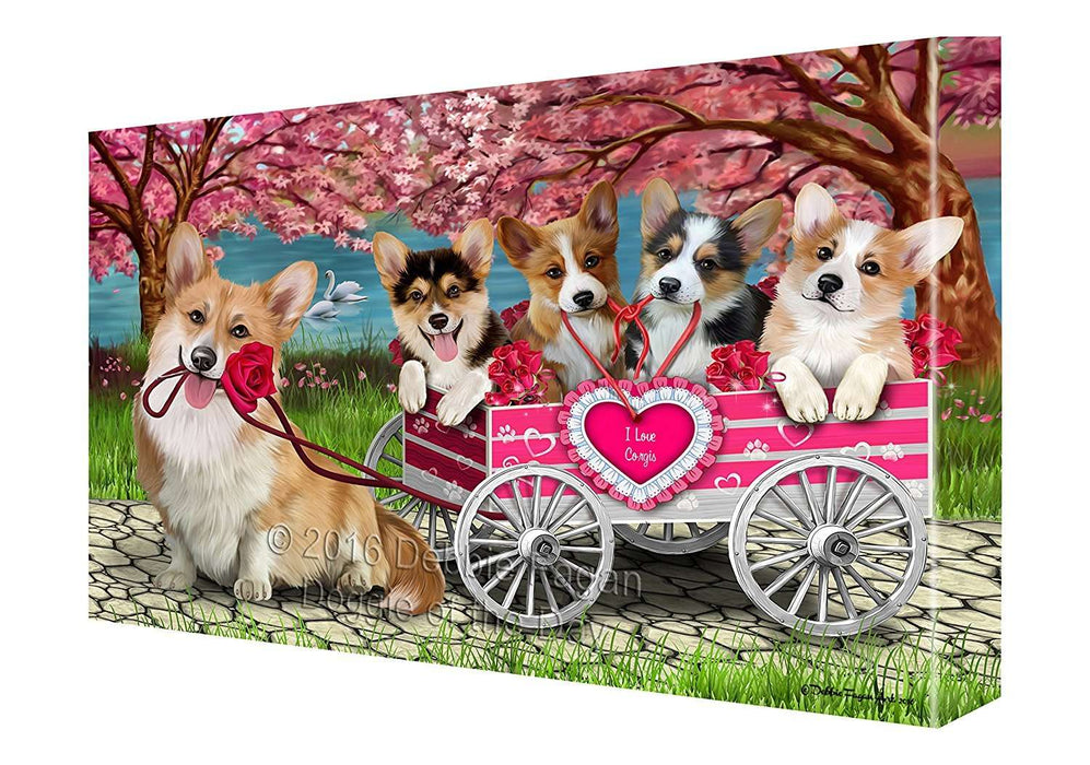 I Love Corgi Dogs in a Cart Canvas Wall Art