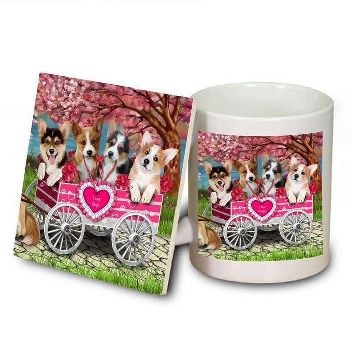 I Love Corgi Dogs in a Cart Mug and Coaster Set