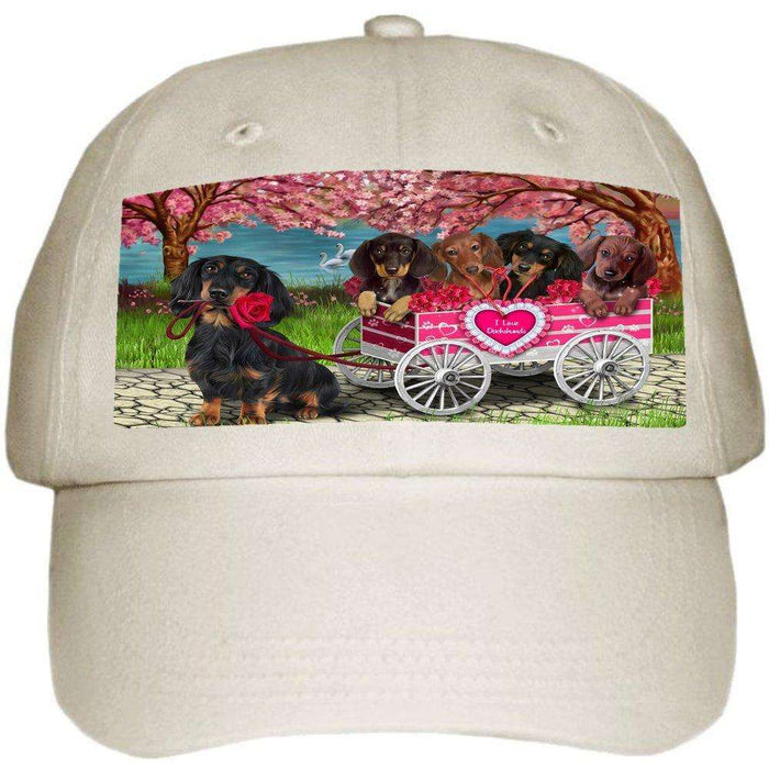 I Love Dachshund Dogs in a Cart Ball Hat Cap Off White