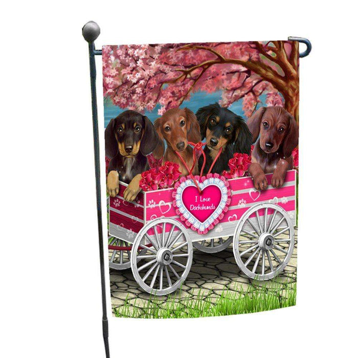 I Love Dachshund Dogs in a Cart Garden Flag