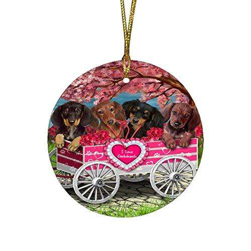 I Love Dachshund Dogs in a Cart Round Christmas Ornament